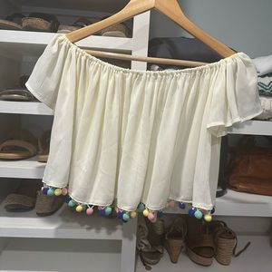 Vestique pom pom off the shoulder cream top